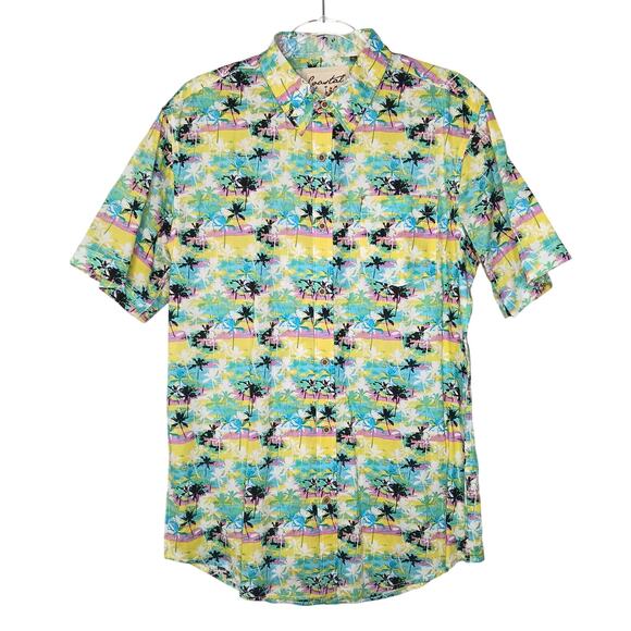 Coastal Tropical Print Collared Button Down Hawaiian Shirt Mens LG Vacation - Picture 1 of 9